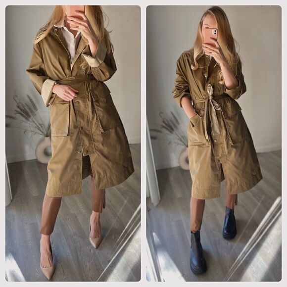 Coat trench coat H&M Belted Pockets olive green new - Picture 2 of 4